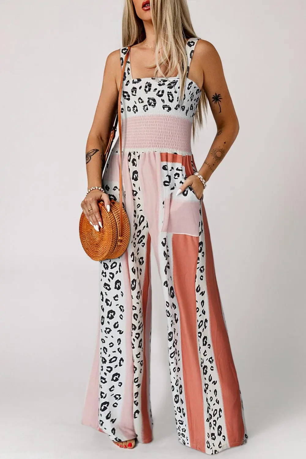 Leopard Blocked Pattern Smocked Jumpsuit