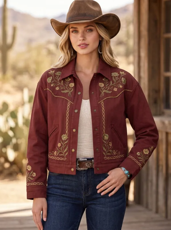 Women's Vintage Inspired Western Cowgirl Floral Embroidery Floral Embroidered Denim Jacket