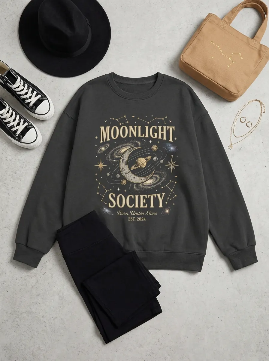 Women's Celestial Moonlight Society Galaxy Planet Printed T-shirt