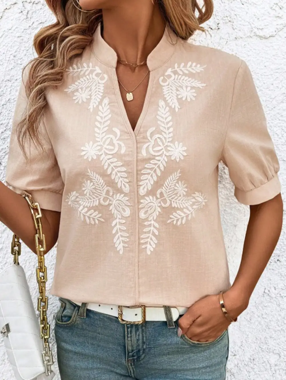 V Neck Embroidered Cotton Short Sleeve Blouse