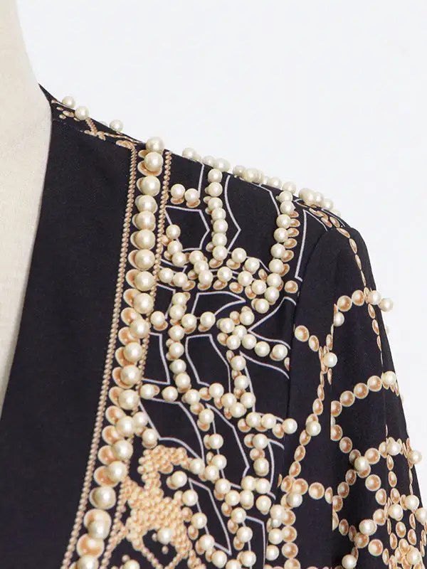 Long Sleeve Relaxed Beaded Printed V-Neck Neck Blazer