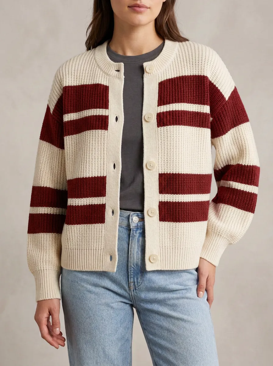 Relaxed Cardigan Distinctive Rugby Striped Knit Cardigan