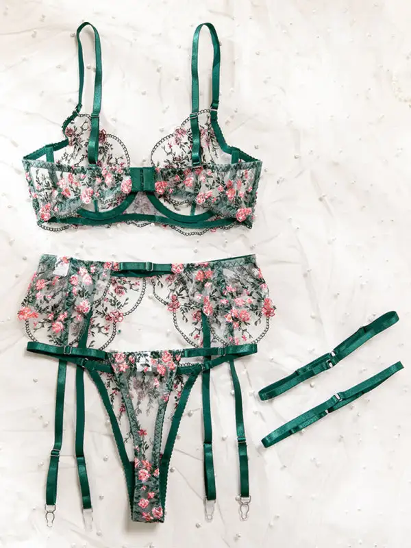 Push-Up Underwire Embroidered Floral-Print Sports Bra