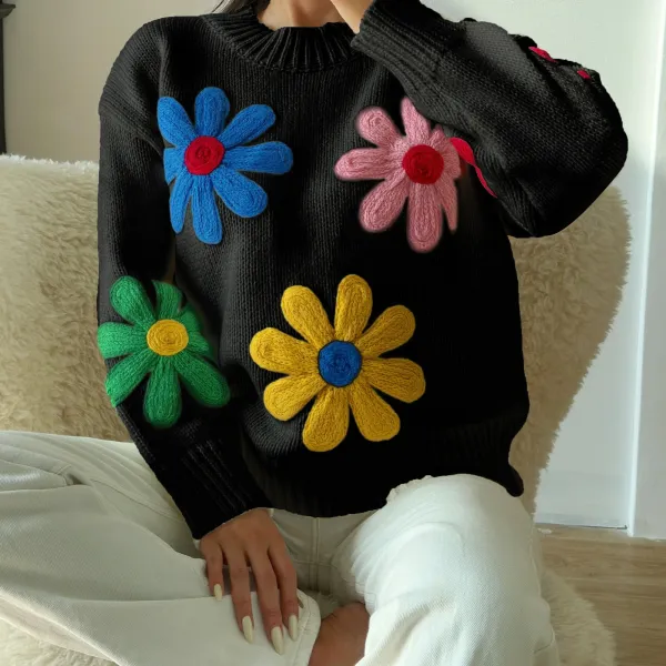 Floral Pattern Crew Neck Pullover Sweater Casual