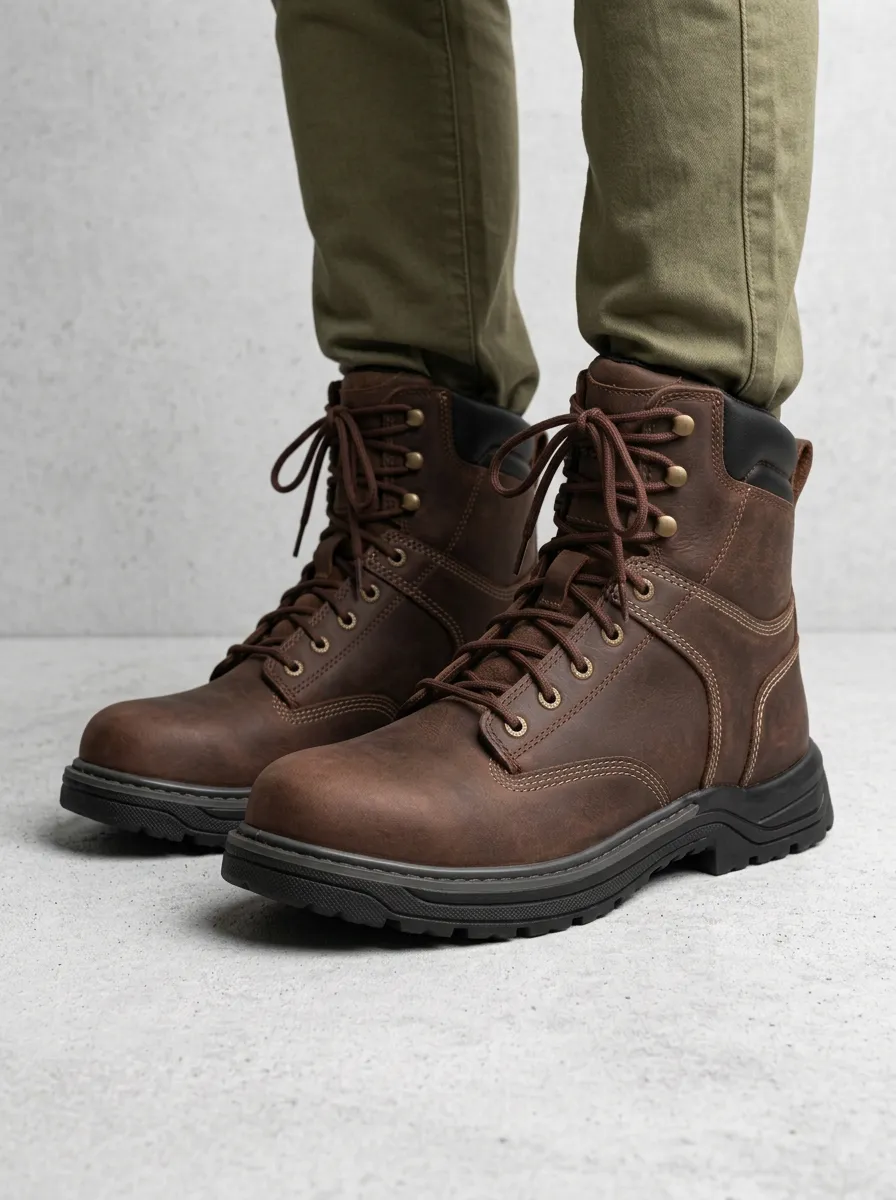 Unisex Leather Lace-Up Print Work Boots