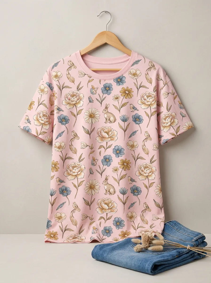 Rabbit Floral Nature Women's Loose Printed T-Shirt