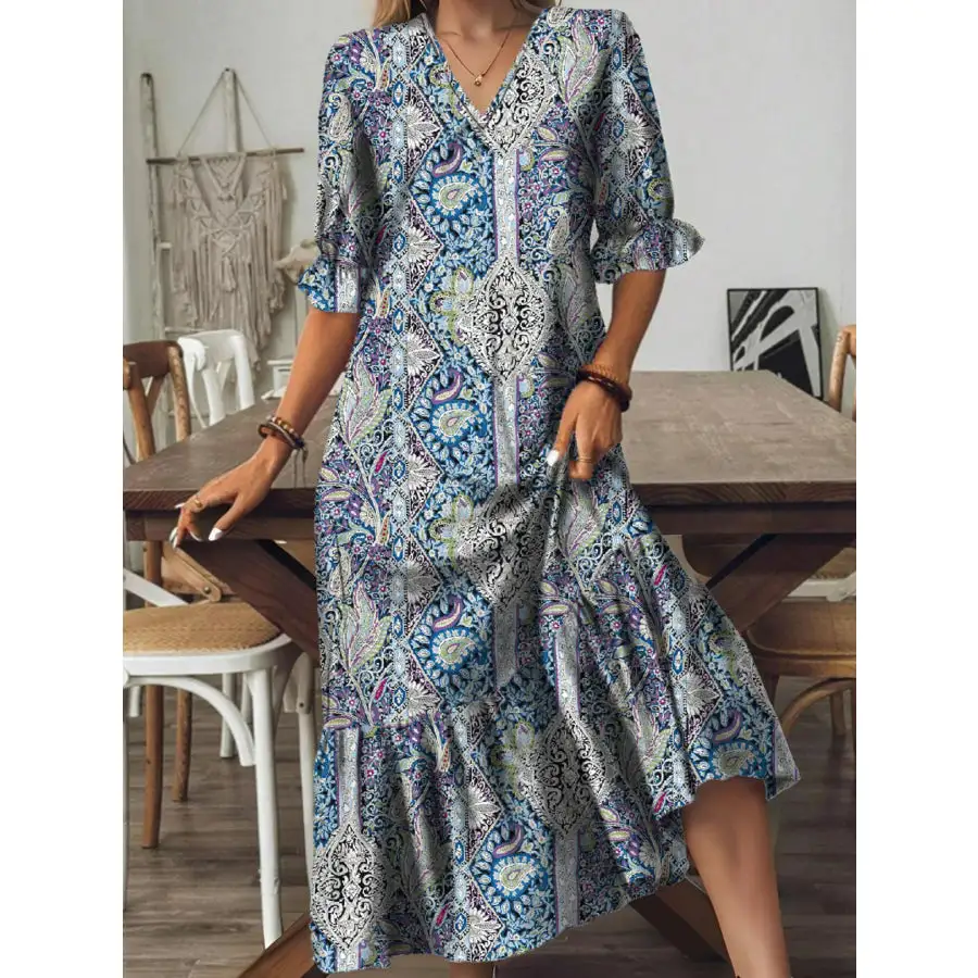 Full Size Bohemian Paisley V-Neck Midi Dress Plus Size
