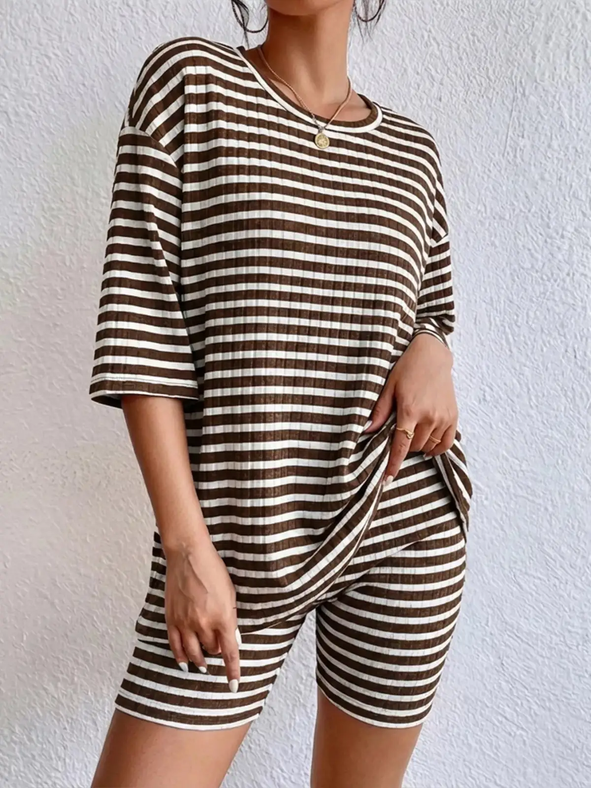 Casual Refined Striped Top and Shorts Matching Set