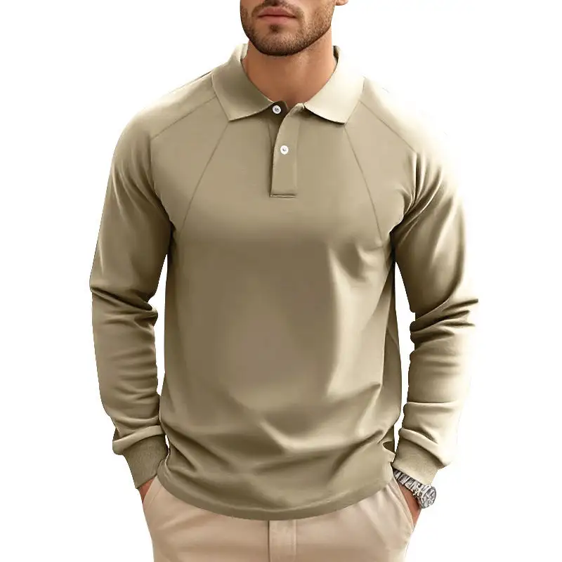 Ribbed Raglan Sleeve Long Sleeve Polo Shirt