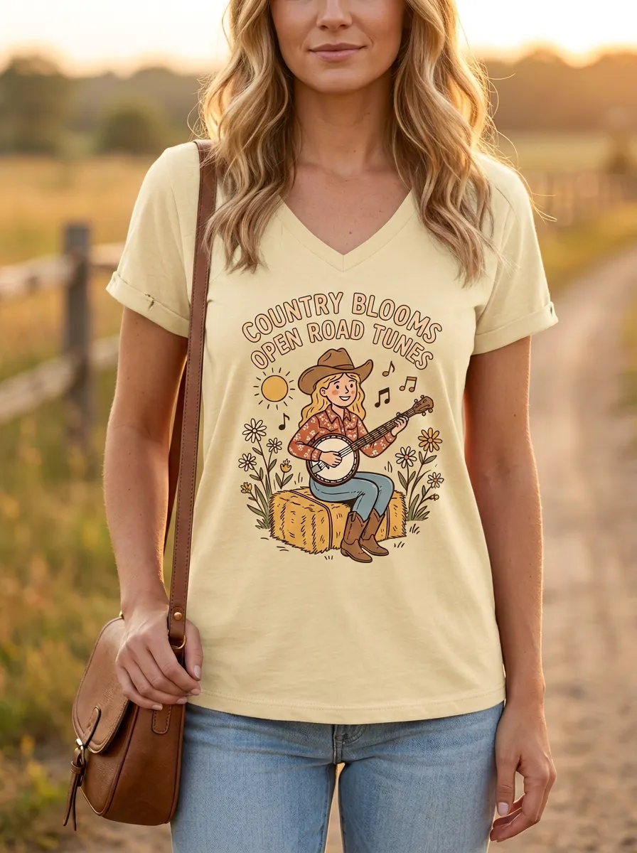 Western Banjo Floral Country Music Graphic T-Shirt