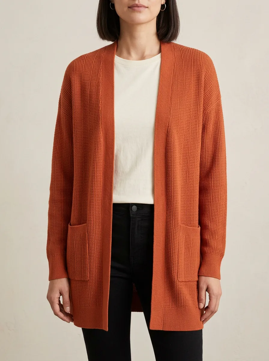 Soft Waffle-Knit Open-Front Knit Cardigan