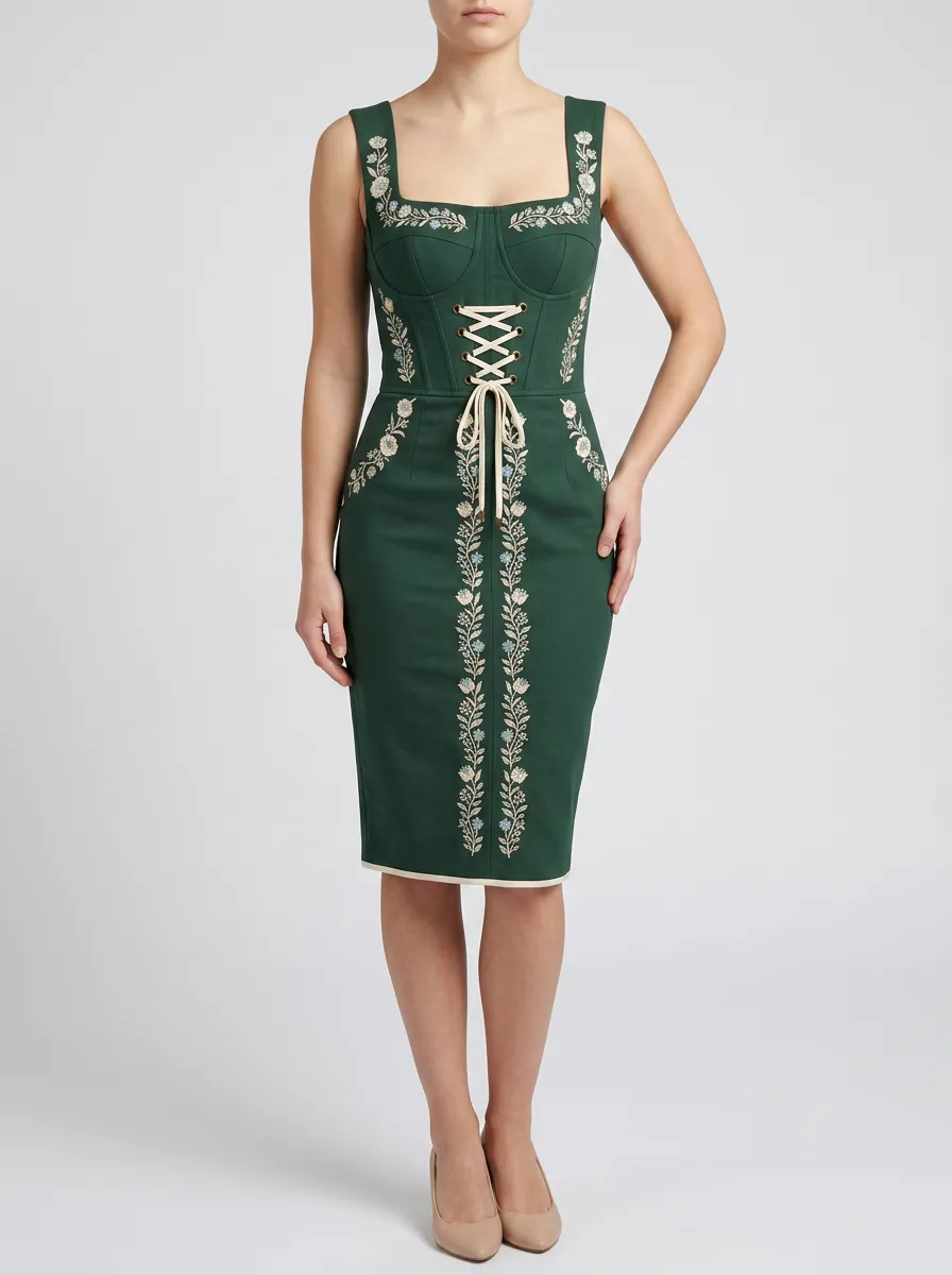 Women's Embroidered Lace-Up Folk Fitted Dress