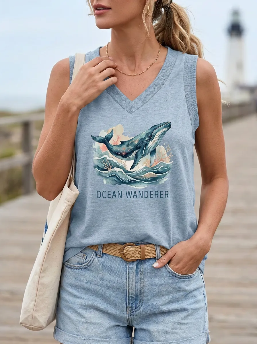 Women's Ocean Lover Whale Watercolor Printed Tank Top