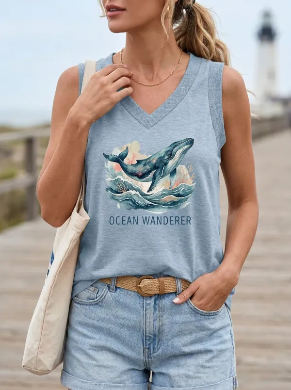 Women's Ocean Lover Whale Watercolor Printed Tank Top