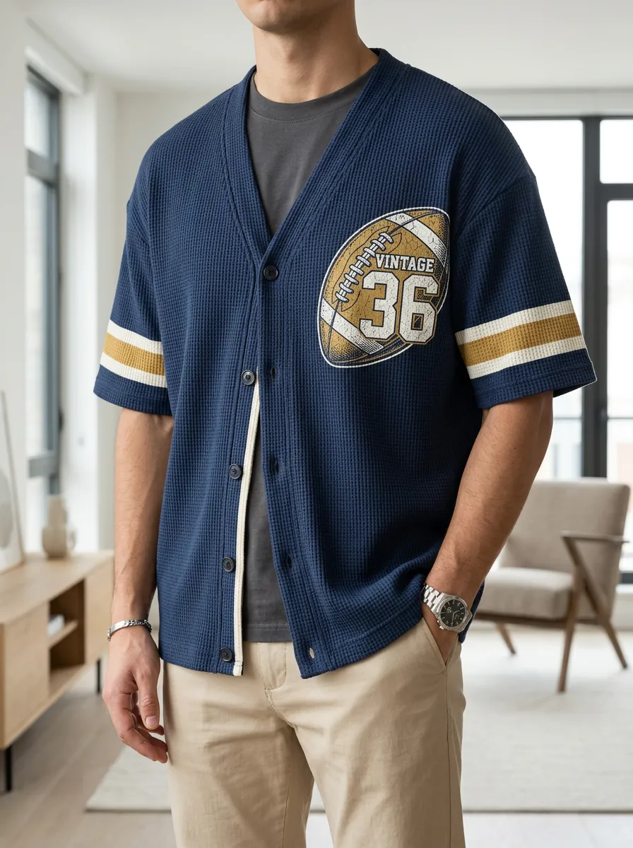 Men's American Football Vintage 36 Printed Waffle Knit Cardigan