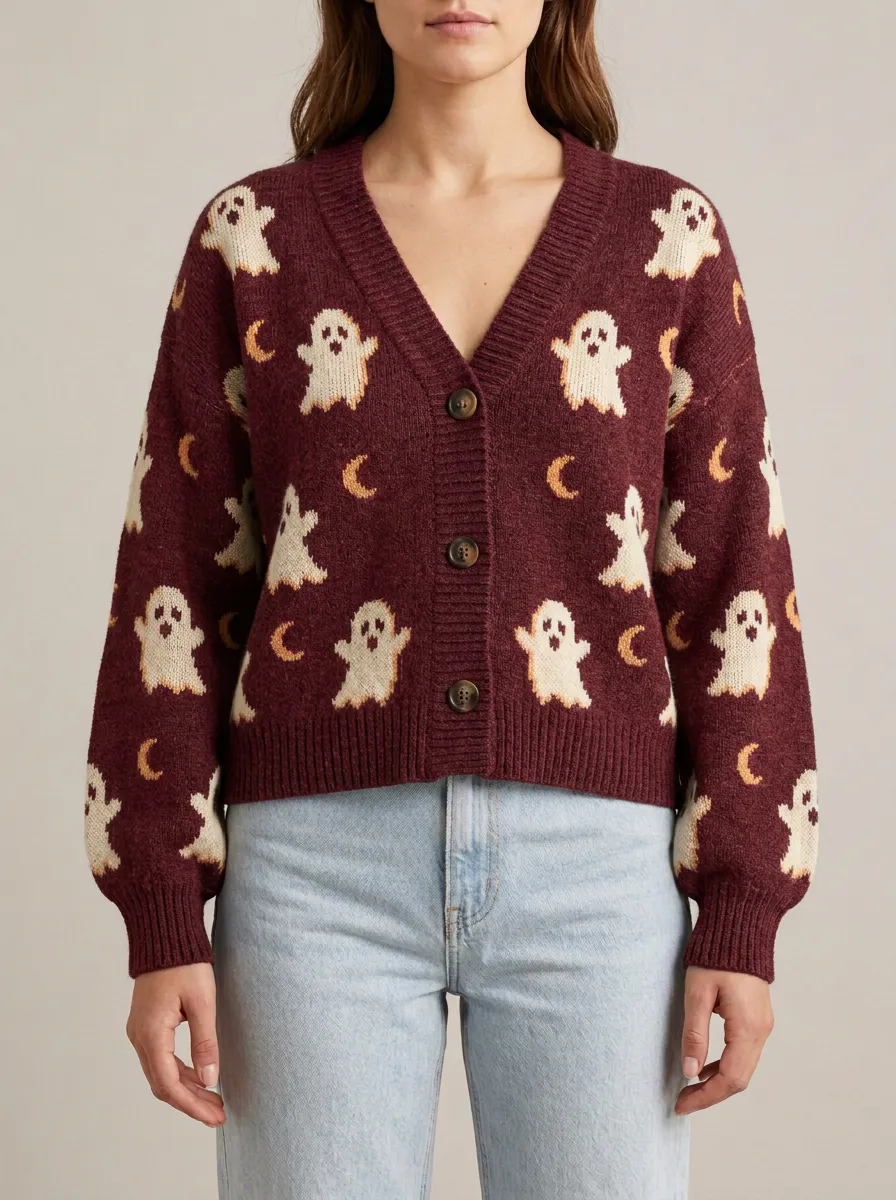 Women's Halloween Ghost and Moon Patterned Knit Cardigan