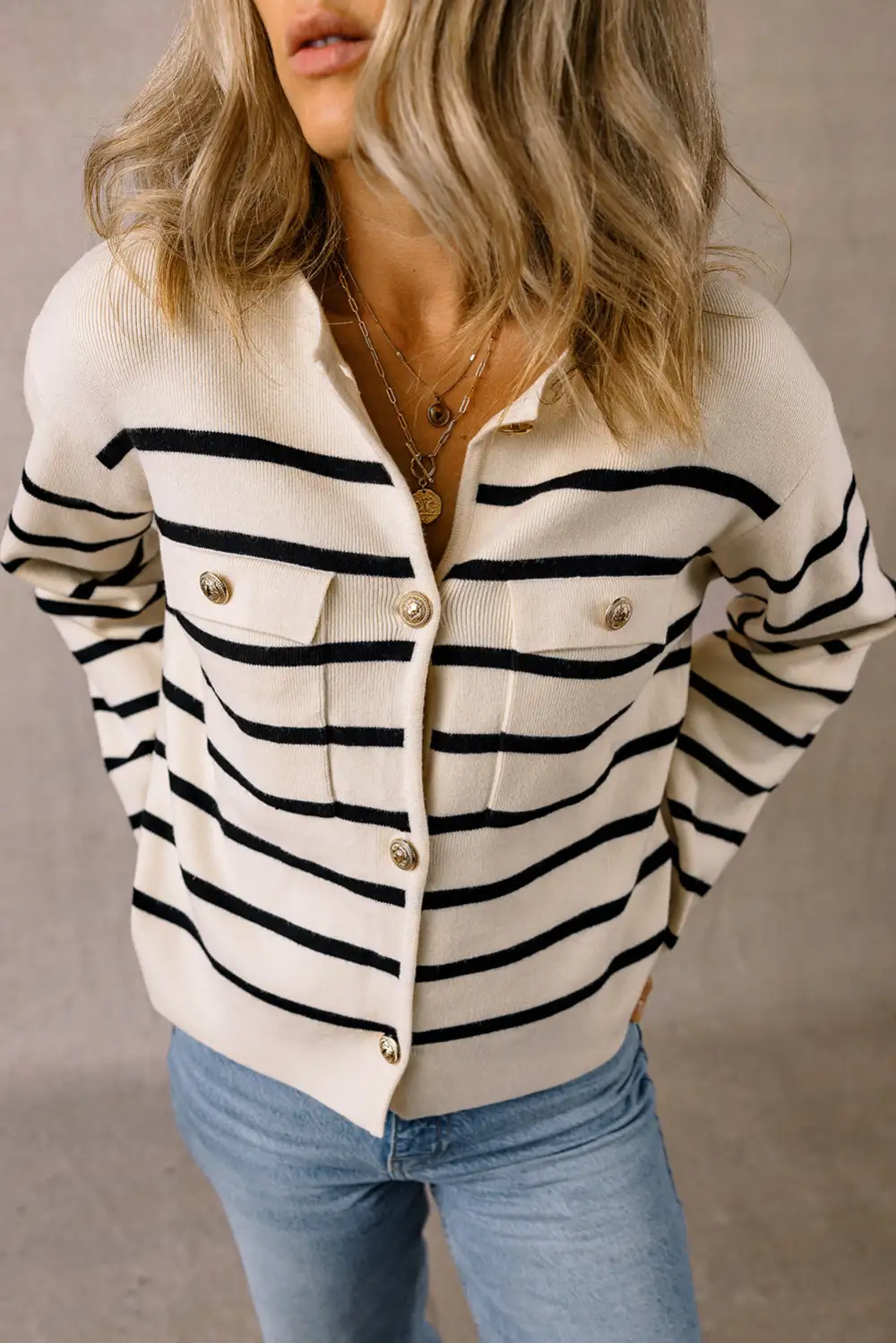 Easy Layer Striped Pocketed Button Front Cardigan