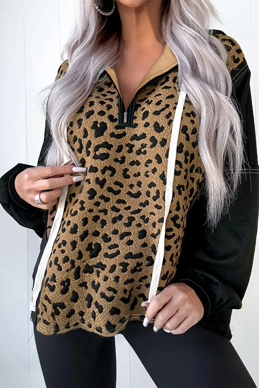 Quarter-Zip Leopard-Print Patchwork Contrast Hoodie