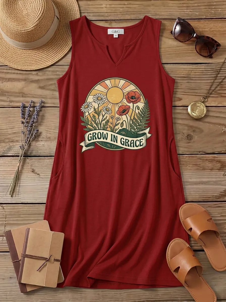 Women's Christian Faith Grow In Grace Floral Sun Printed Tank Top