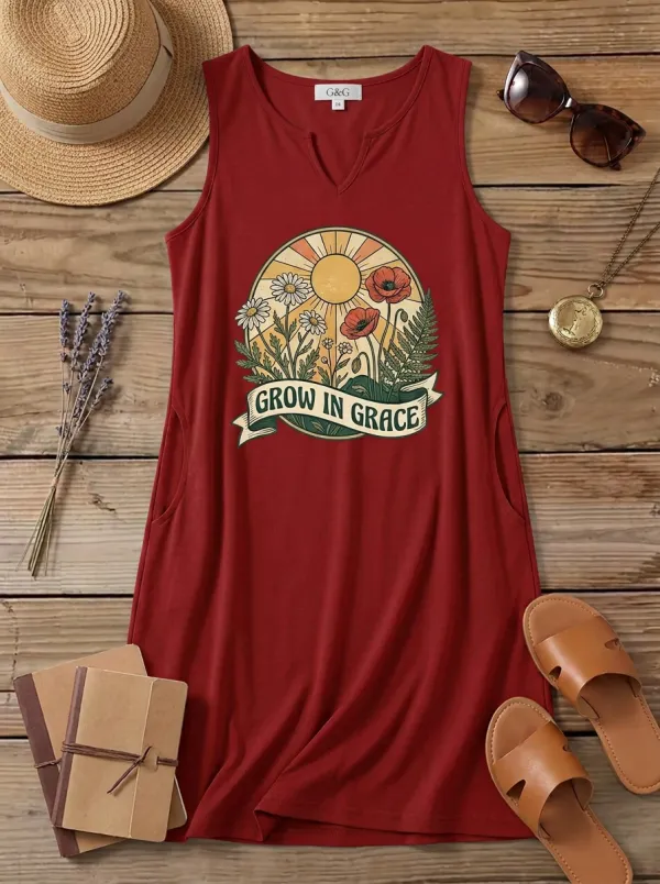 Women's Christian Faith Grow In Grace Floral Sun Printed Tank Top