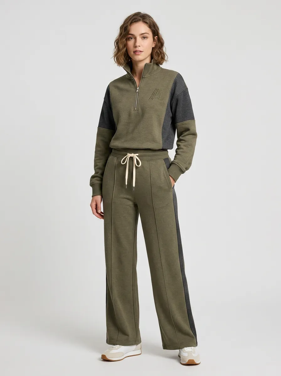 Women's Olive Green Colorblock Quarter-Zip Lounge Set