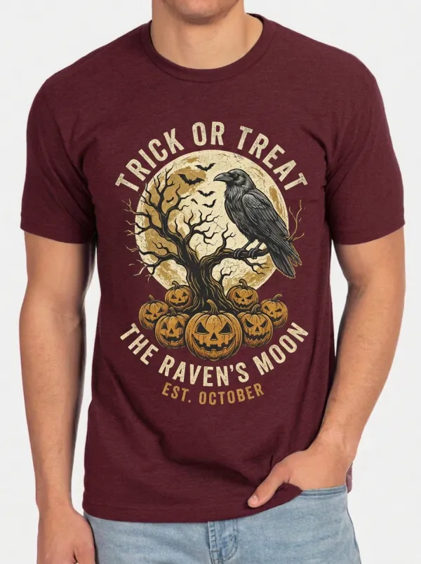 Men's Halloween Raven Pumpkin Moon Printed T-shirt