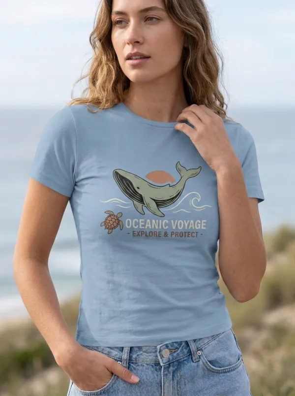 Women's Ocean Lover Whale Turtle Oceanic Voyage Printed T-shirt