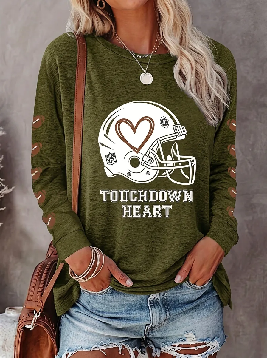Women's Retro Inspired Gridiron Heart Helmet Ball Crewneck Long Sleeve T-Shirt