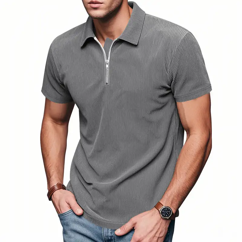 Ribbed Half Zip Short Sleeve Jersey Polo Shirt