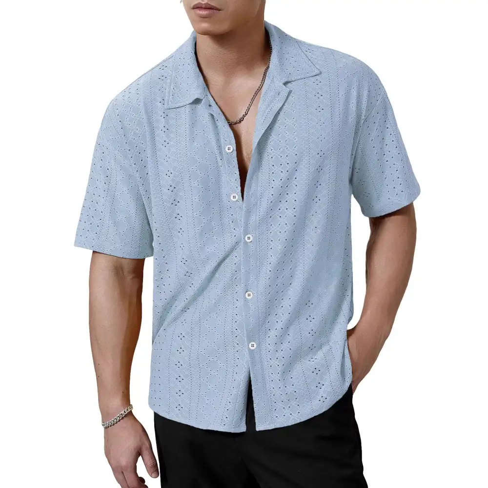 Men's Short-Sleeve Casual Shirt With Openwork Embroidery Lapel Collar And Relaxed Fit