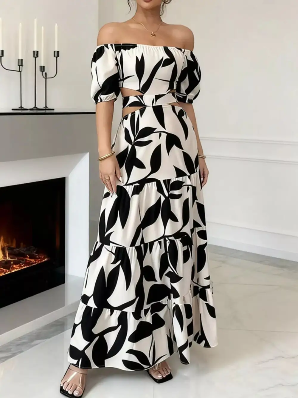 Off Shoulder Cutout Leaf Print Maxi Dress