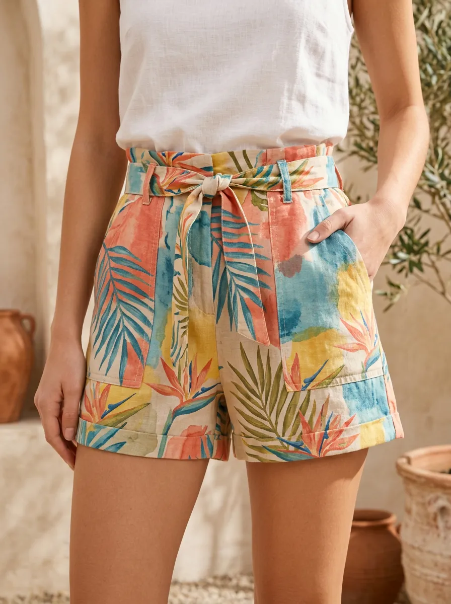 Women's Tropical Summer Botanical Palm Leaf Printed Shorts