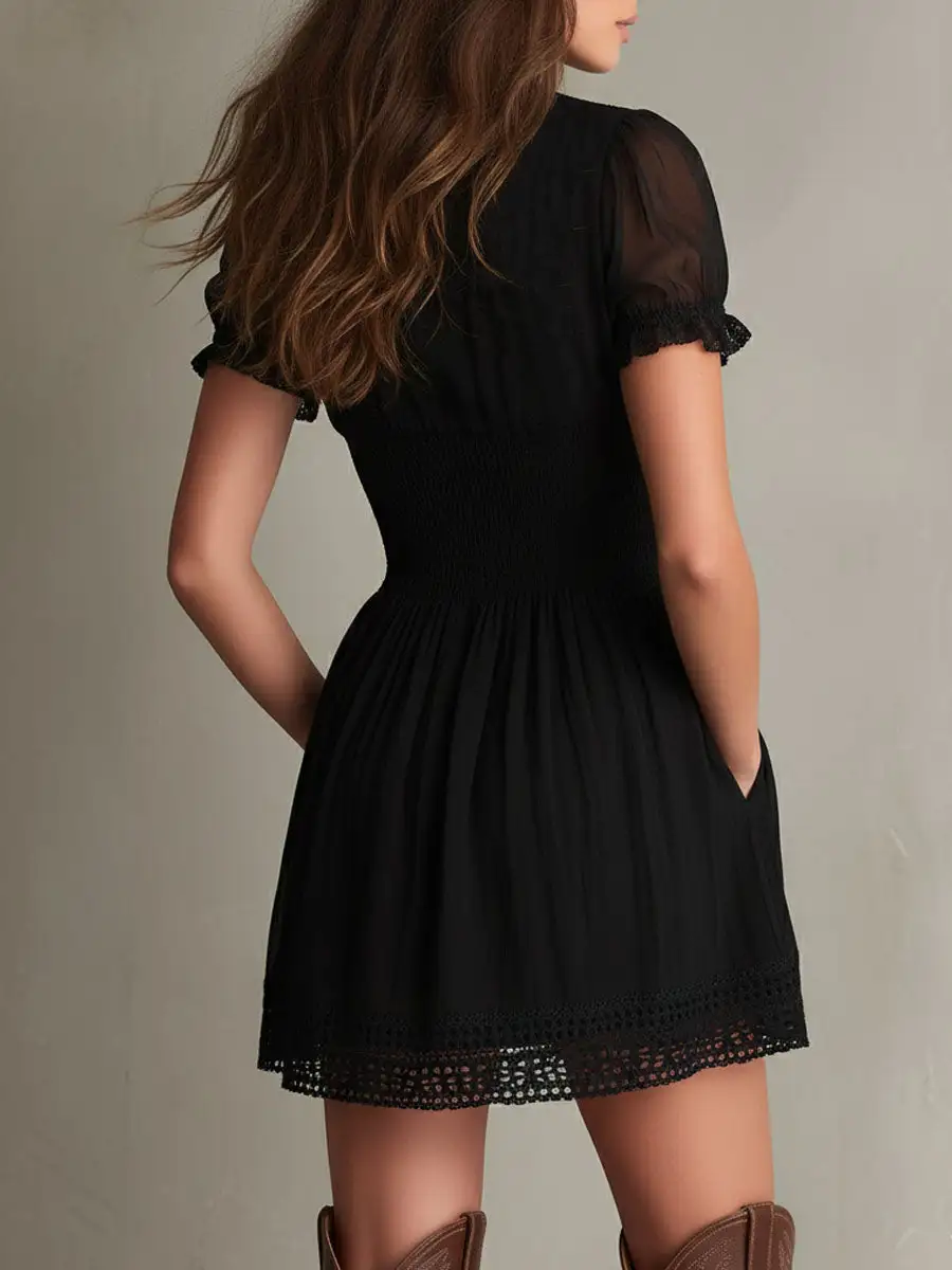 Classic Muse Smocked Lace-Trim Black  Mini Dress