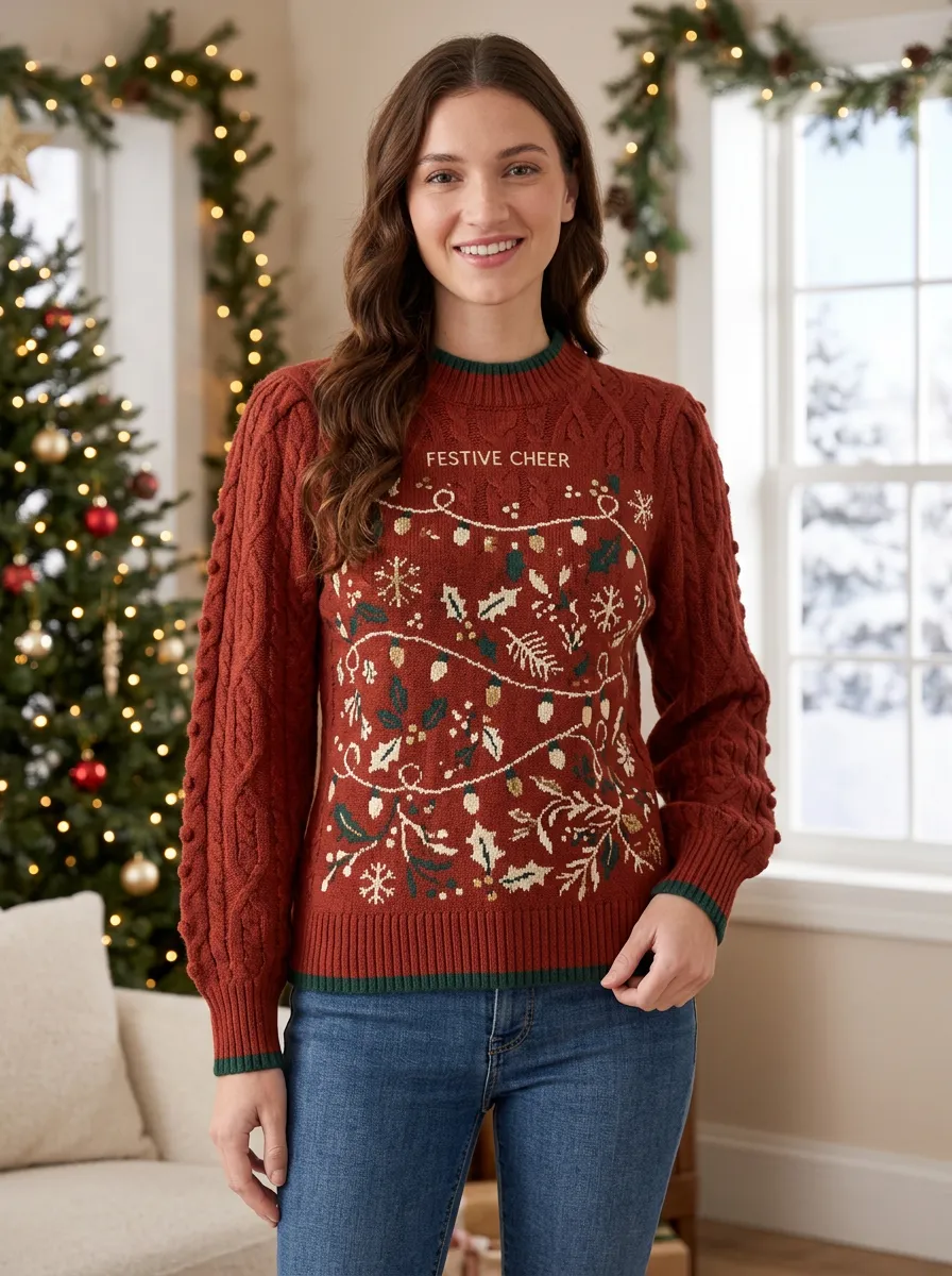 Christmas Festive Cheer Holly Snowflake Print Sweater