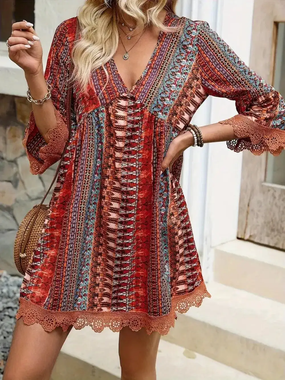 Lace Detail Printed Dress