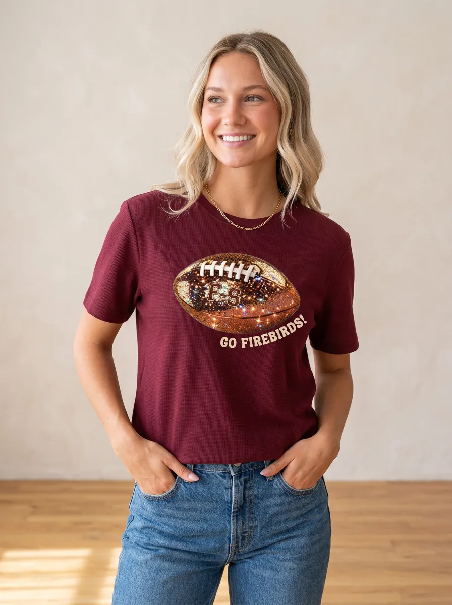 Women's Sideline Inspired Football Ball Sparkle Crew Neck Graphic T-Shirt