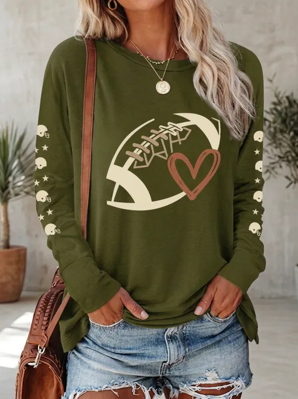 Women's Bold Gridiron Heart Helmet Ball Crewneck Long Sleeve T-Shirt
