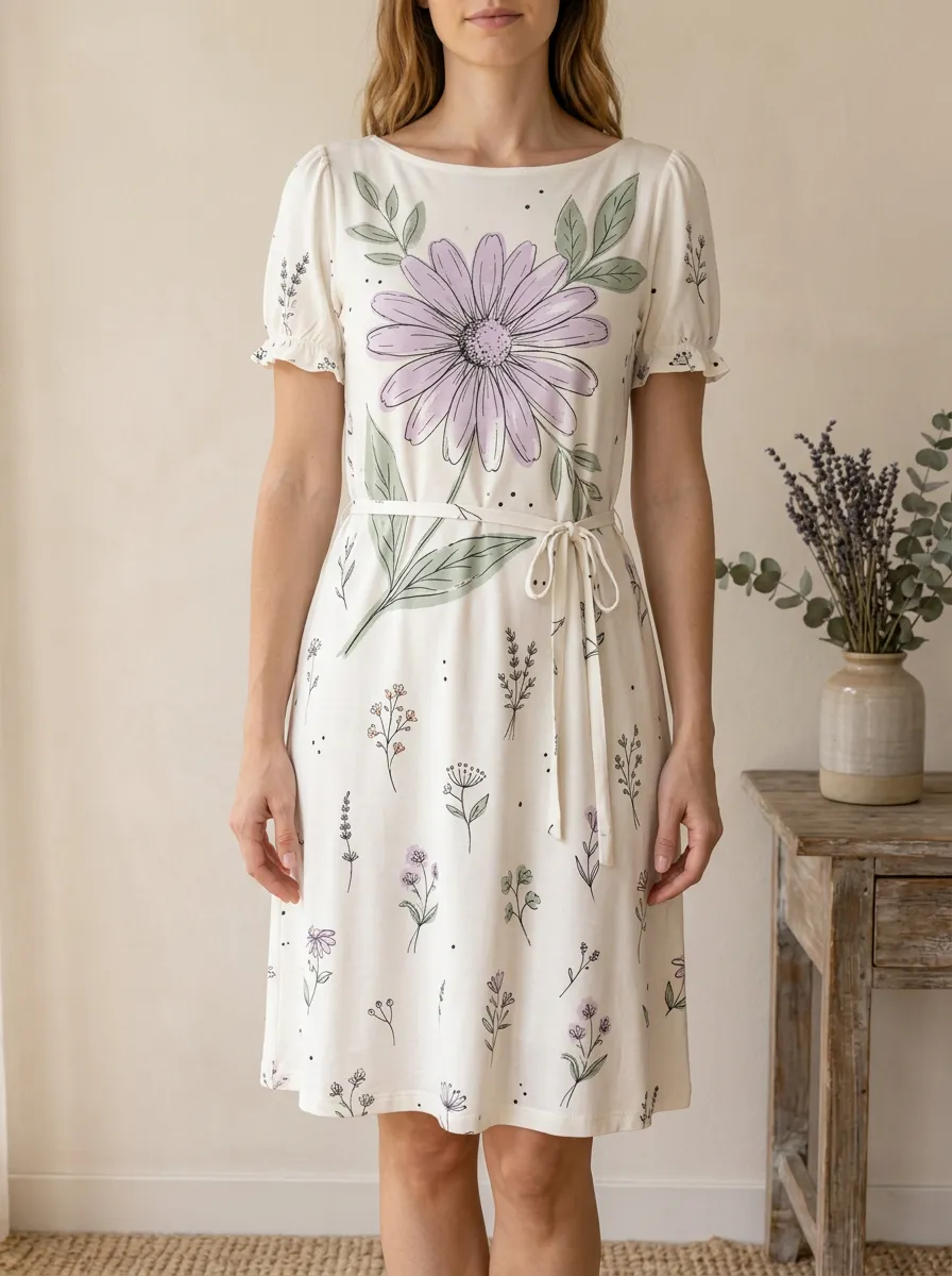 Women's Floral Lover Purple Daisy Botanical Printed Dress