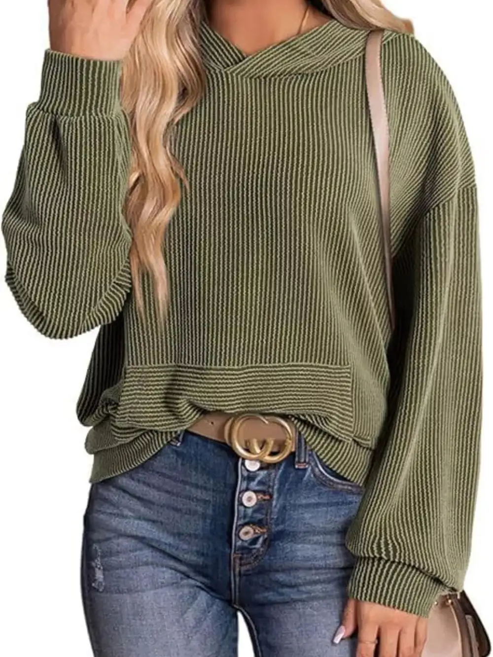 Pocketed Oversized Ribbed Hoodie