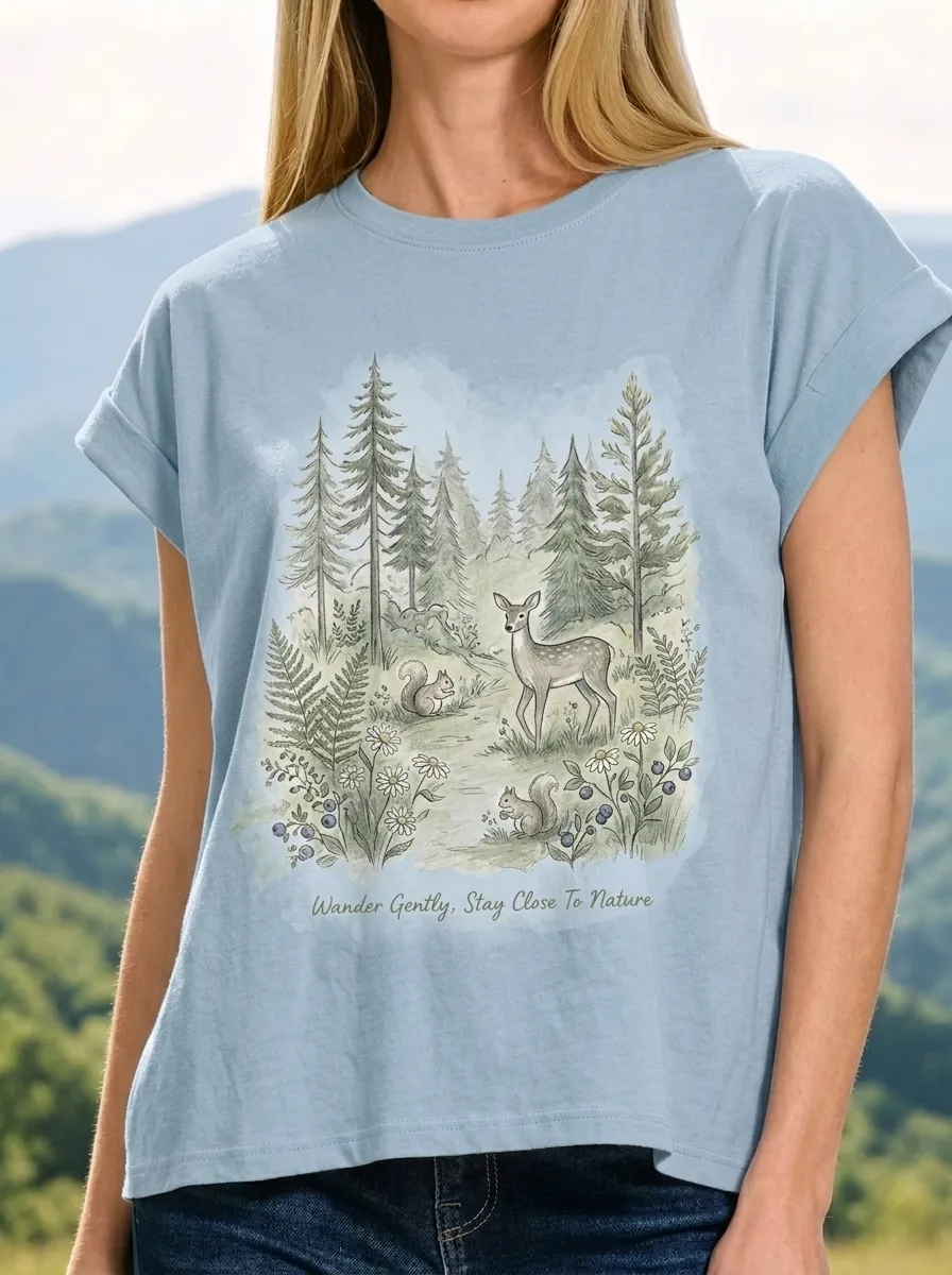 Women's Nature Lover Deer Squirrel Forest Printed T-shirt