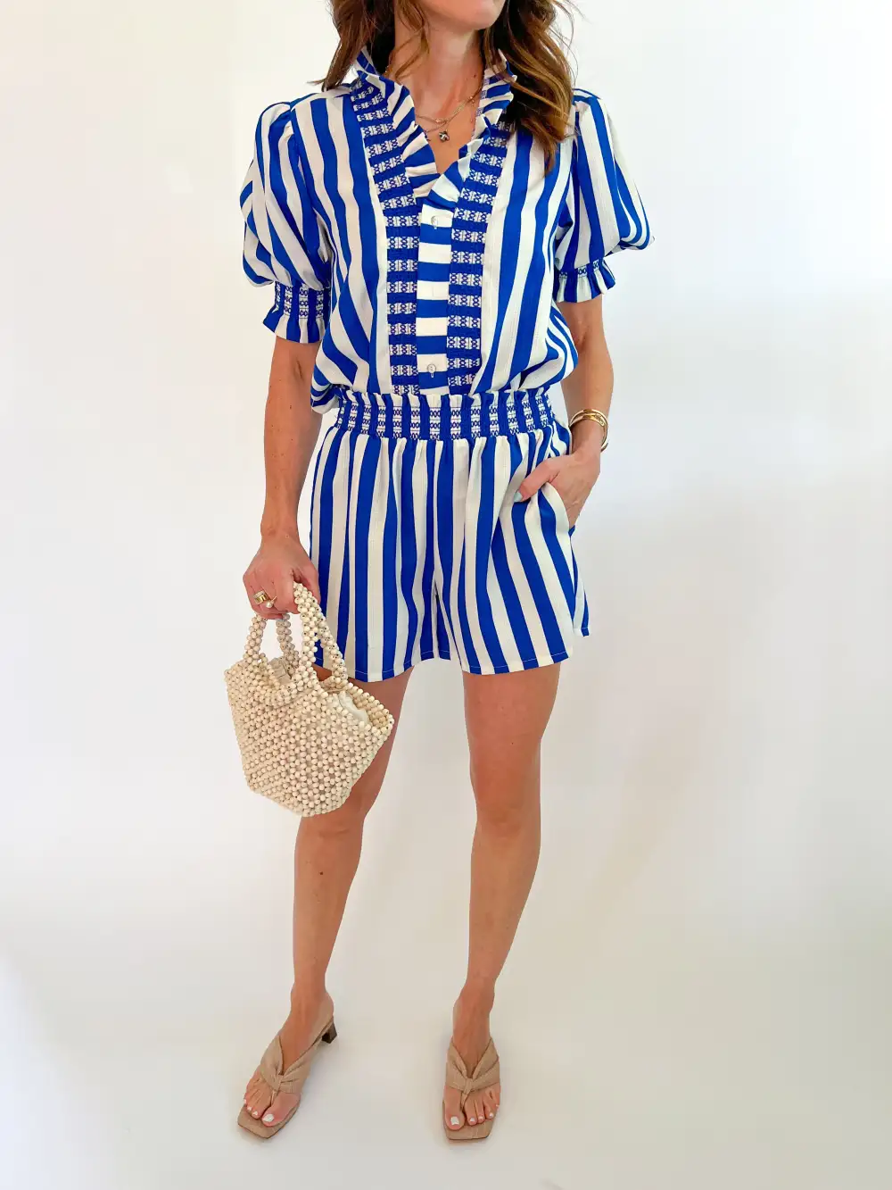 Printed Striped Shorts Button Detail