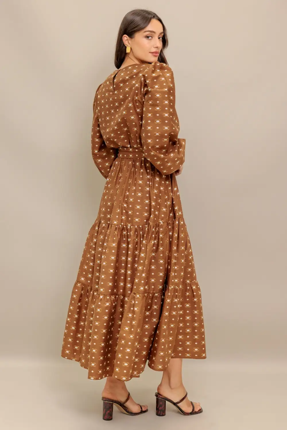 Tiered Long-Sleeve Cotton Printed Midi Dress