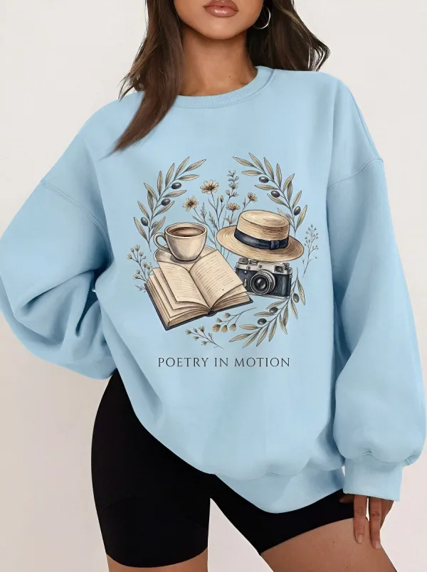 Women's Book Coffee Camera Floral Printed Sweatshirt