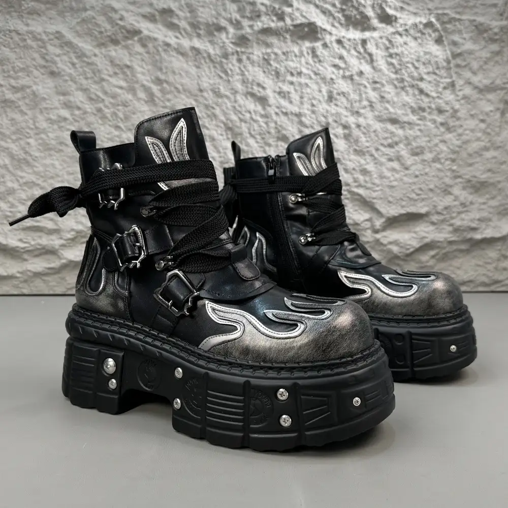 Flame Embroidery Strap Buckle Platform Ankle Boots