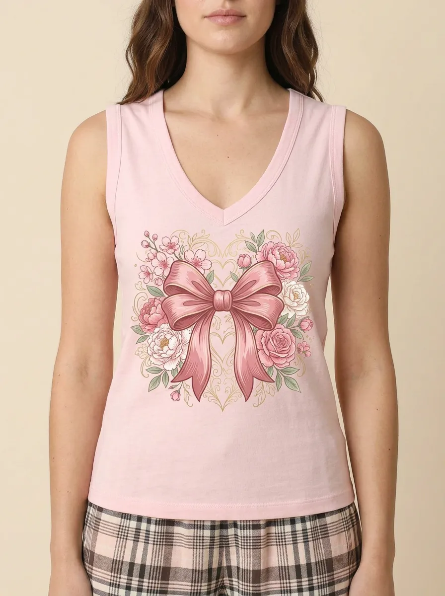 Women's Breast Cancer Awareness Pink Bow Floral Printed Tank Top