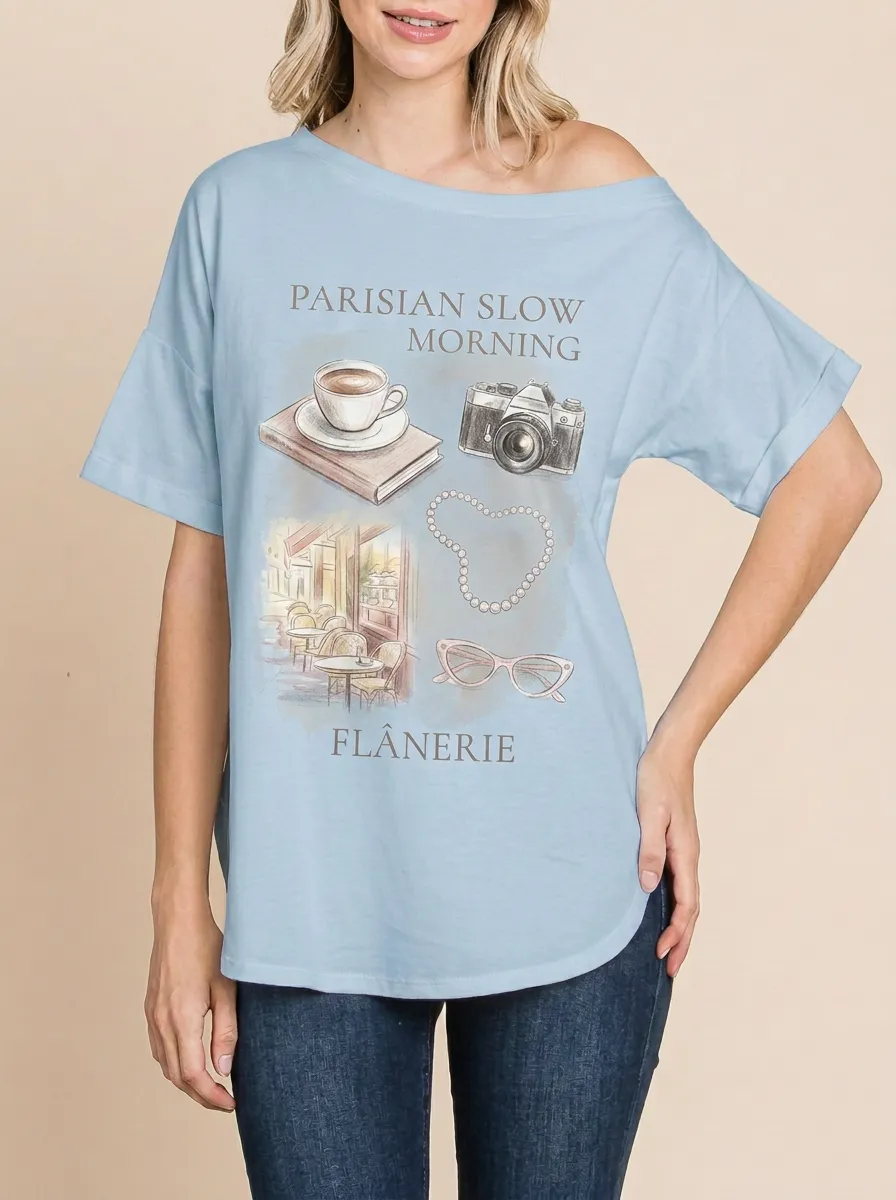 Women's Parisian Aesthetic Coffee Camera Pearl Printed T-shirt