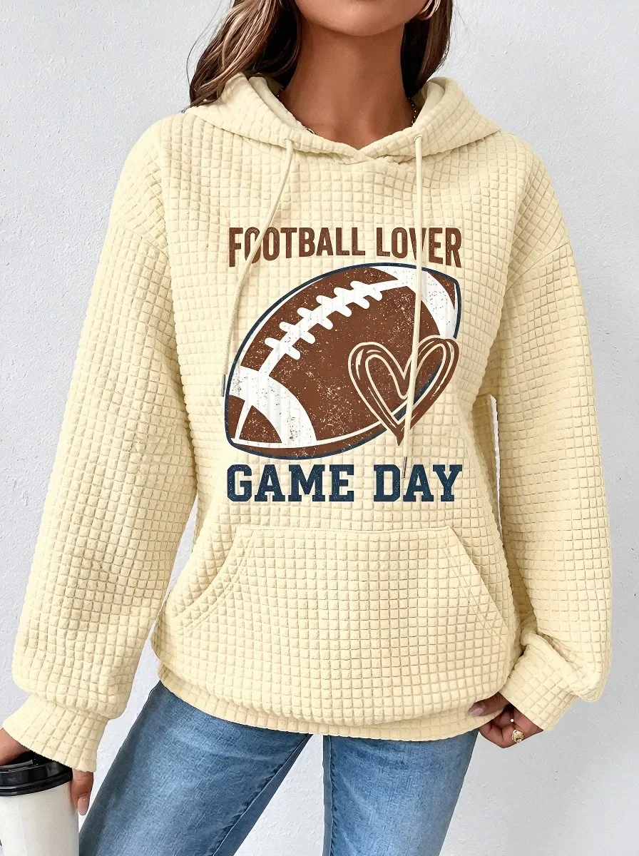 Women's Vintage-Inspired Football Lover Game Day Heart Printed Waffle Hoodie