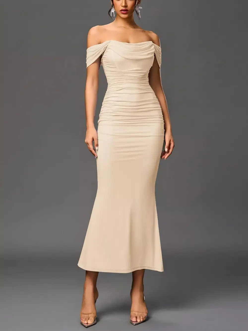 Relaxed Off Shoulder Ruched Mermaid Maxi Dress