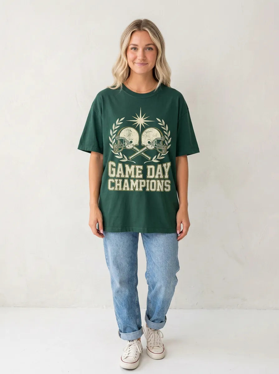 Women's Football Fan Game Day Champions Helmet Printed T-shirt