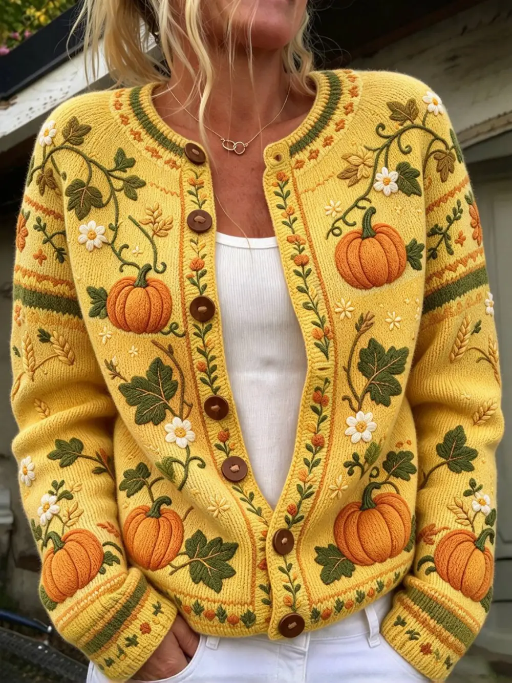 Women Pumpkin Vine Daisy Embroidery Knit Cardigan